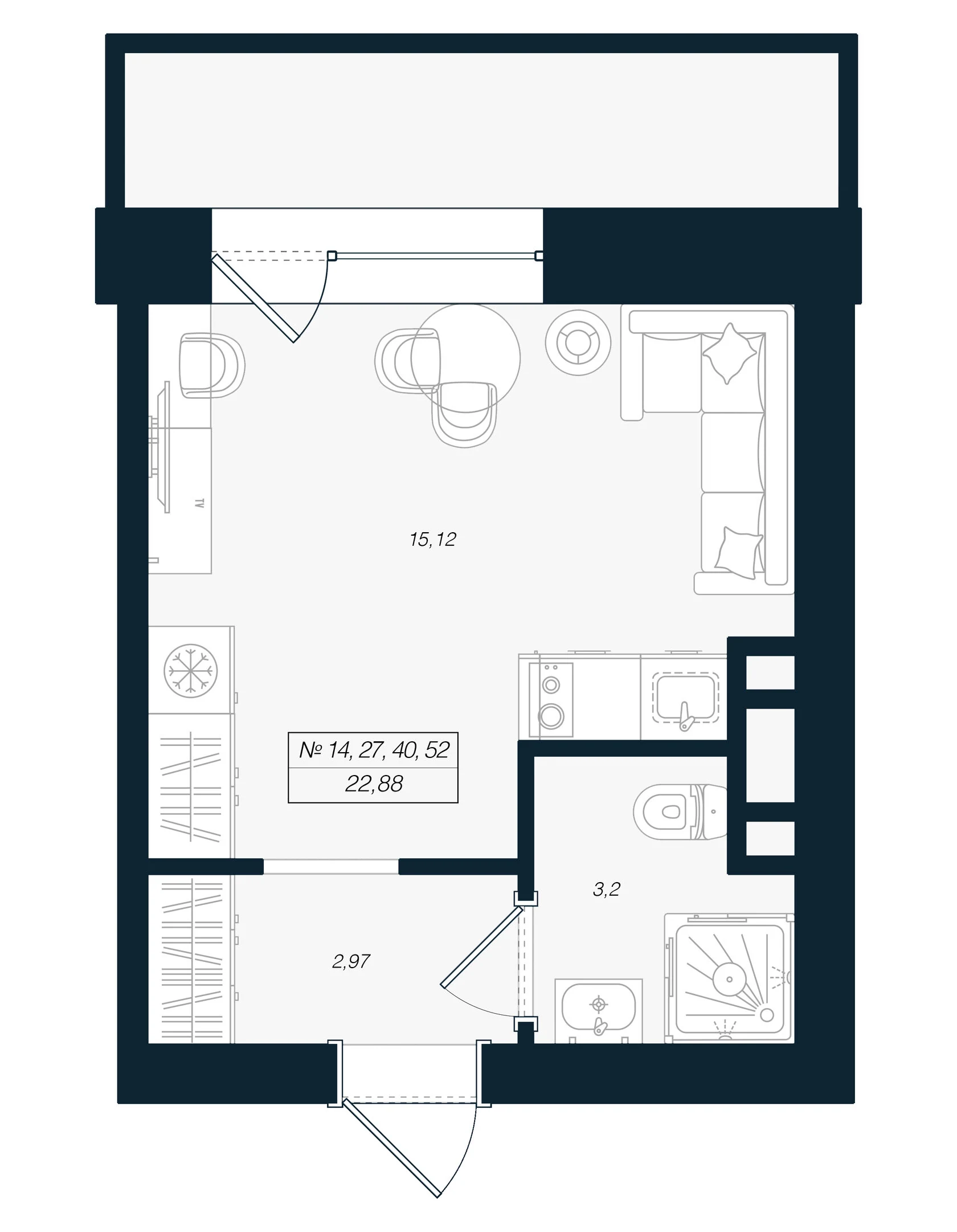 Планировка студия 22,9 м² в ЖК «Феникс Рощино» — Феникс Рощино
