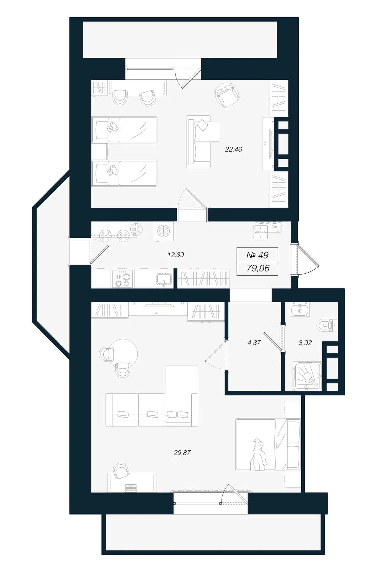 Планировка 2-комнатная 79,9 м² в ЖК «Феникс Рощино» — Феникс Рощино