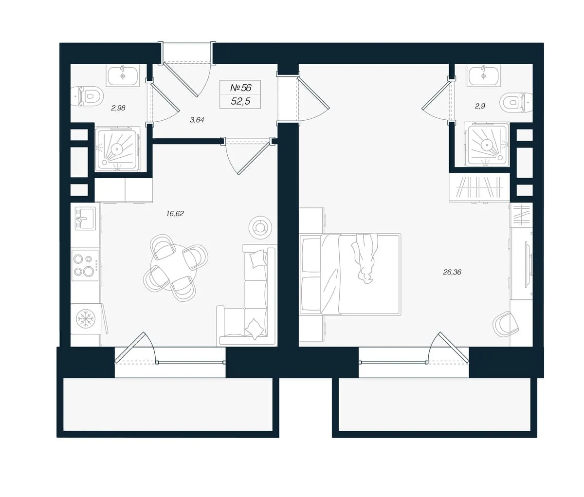 Планировка 2-комнатная 52,5 м² в ЖК «Феникс Рощино» — Феникс Рощино