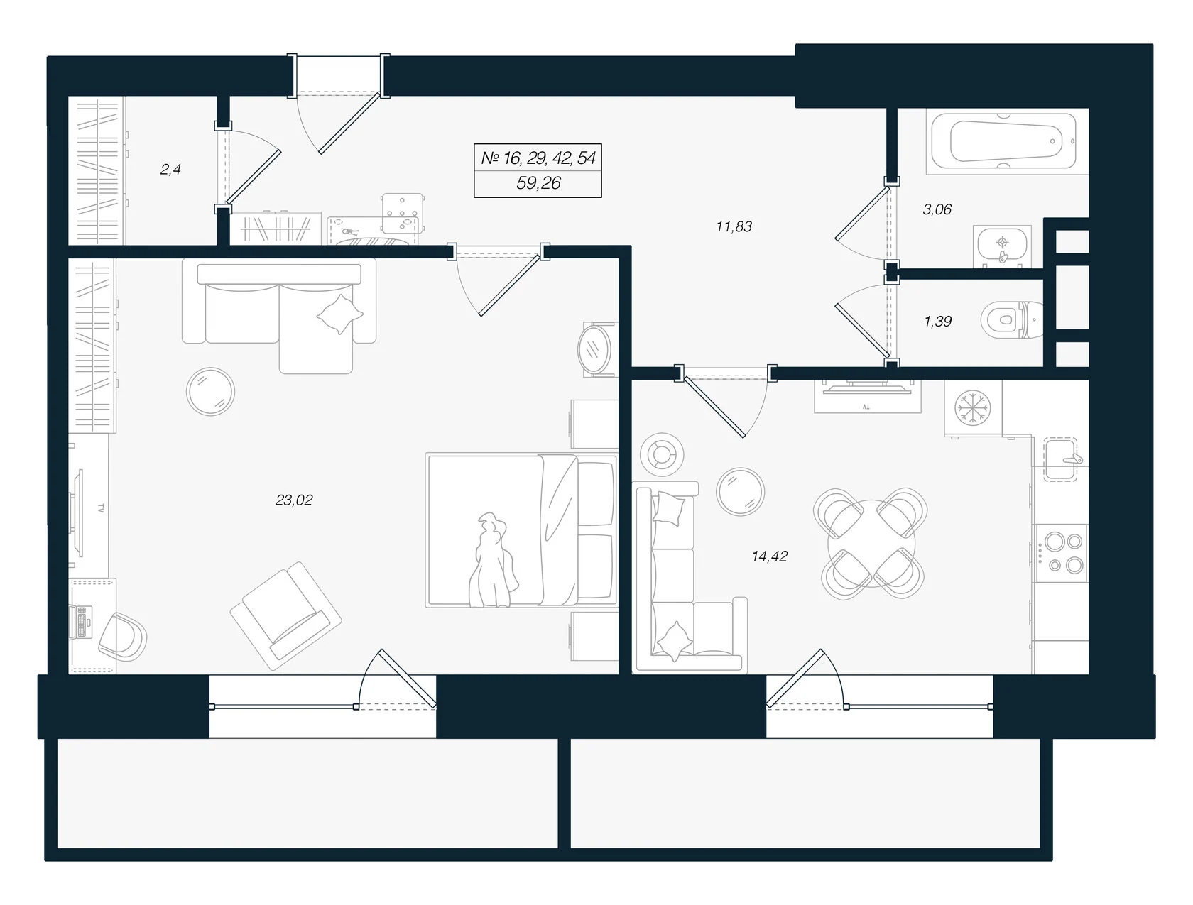 Планировка 2-комнатная 59,3 м² в ЖК «Феникс Рощино» — Феникс Рощино