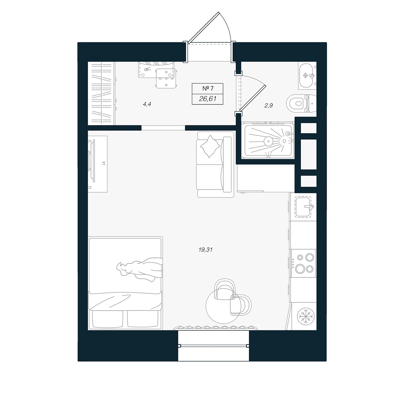 Планировка студия 26,6 м² в ЖК «Феникс Рощино» — Феникс Рощино