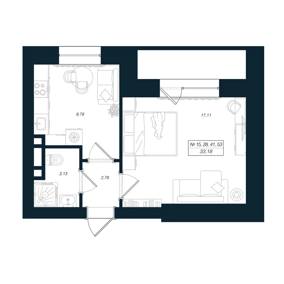 Планировка 1-комнатная 33,2 м² в ЖК «Феникс Рощино» — Феникс Рощино