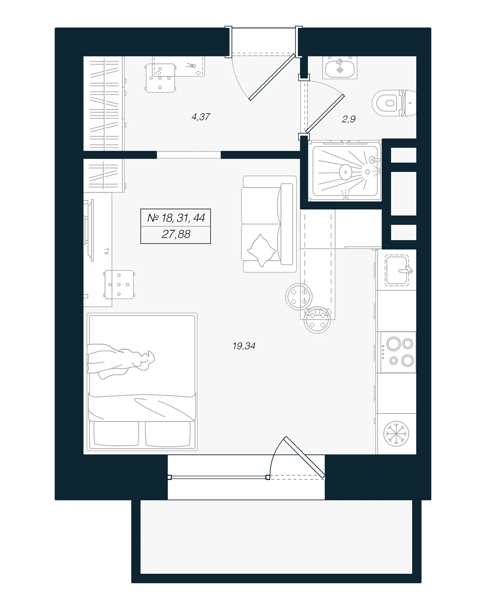 Планировка студия 27,9 м² в ЖК «Феникс Рощино» — Феникс Рощино