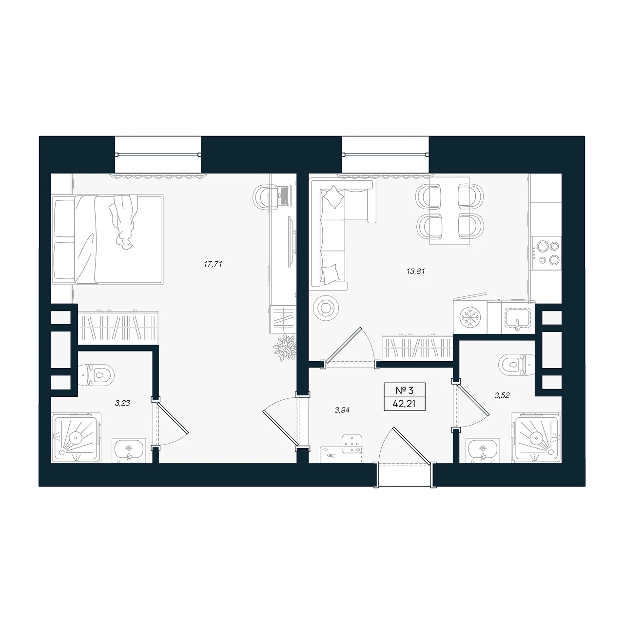 Планировка 2-комнатная 42,2 м² в ЖК «Феникс Рощино» — Феникс Рощино