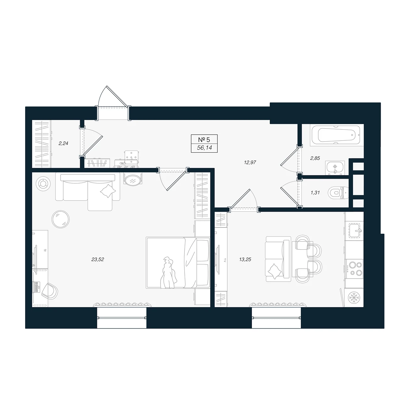 Планировка 2-комнатная 56,1 м² в ЖК «Феникс Рощино» — Феникс Рощино