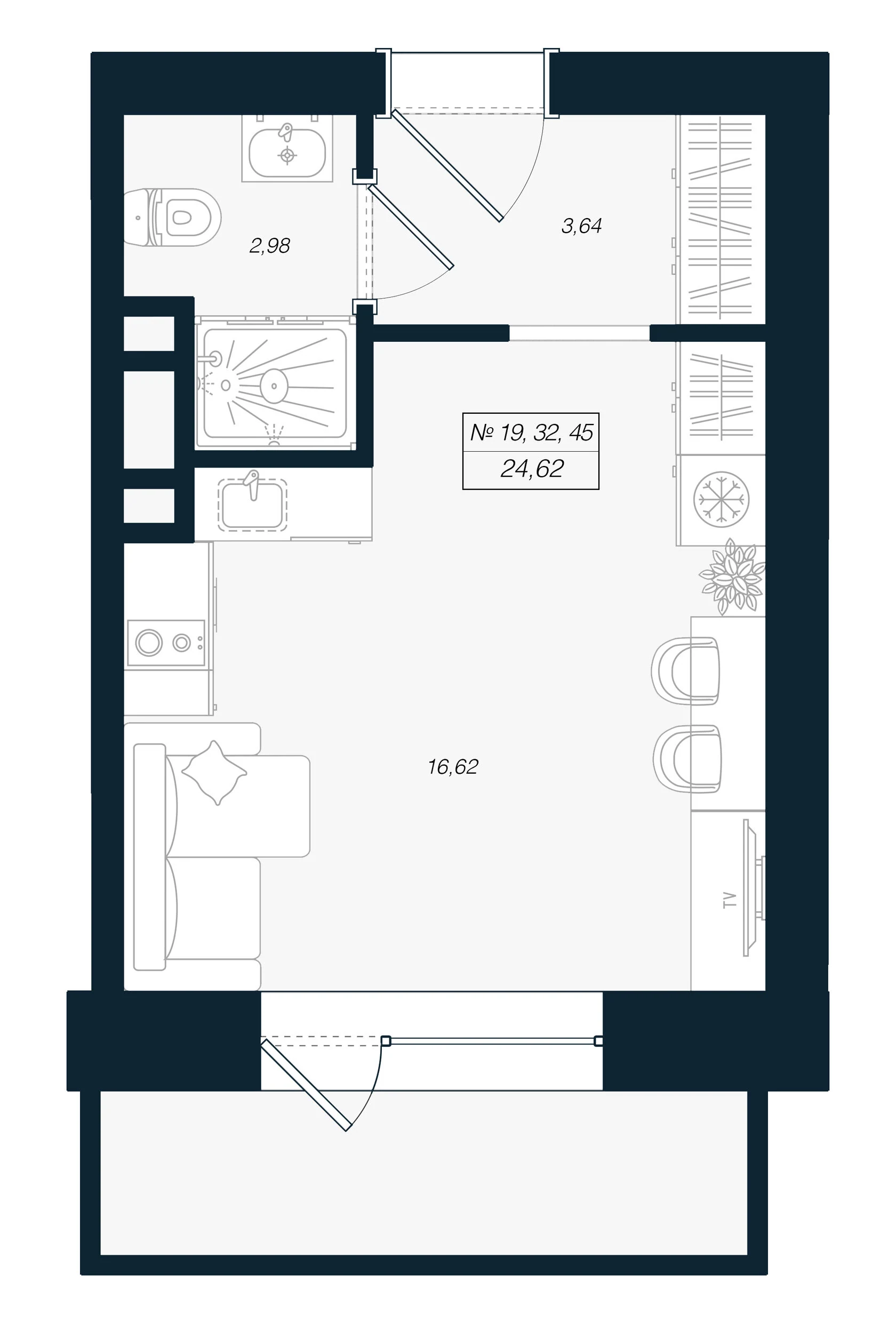 Планировка студия 24,6 м² в ЖК «Феникс Рощино» — Феникс Рощино