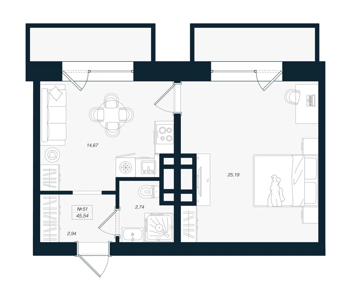 Планировка 2-комнатная 45,5 м² в ЖК «Феникс Рощино» — Феникс Рощино