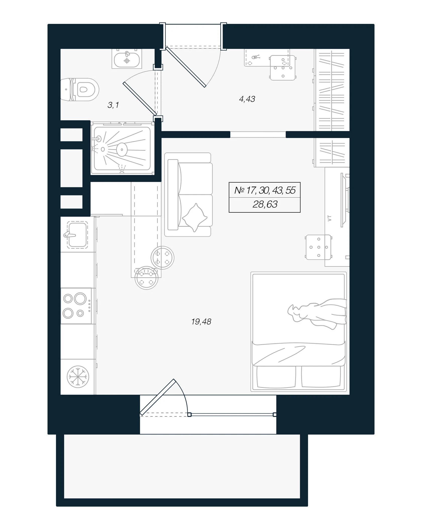 Планировка студия 28,6 м² в ЖК «Феникс Рощино» — Феникс Рощино