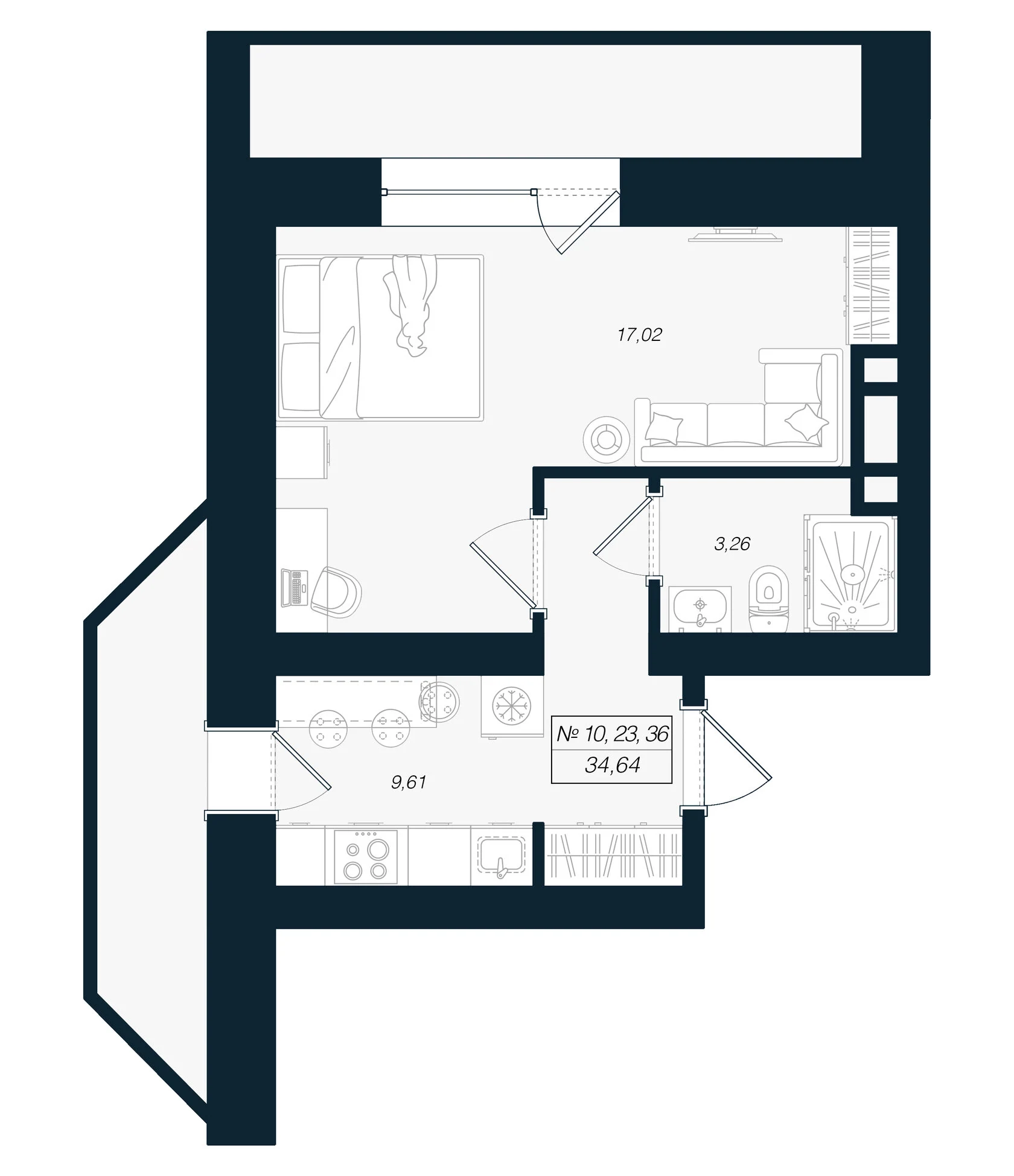 Планировка 1-комнатная 34,6 м² в ЖК «Феникс Рощино» — Феникс Рощино